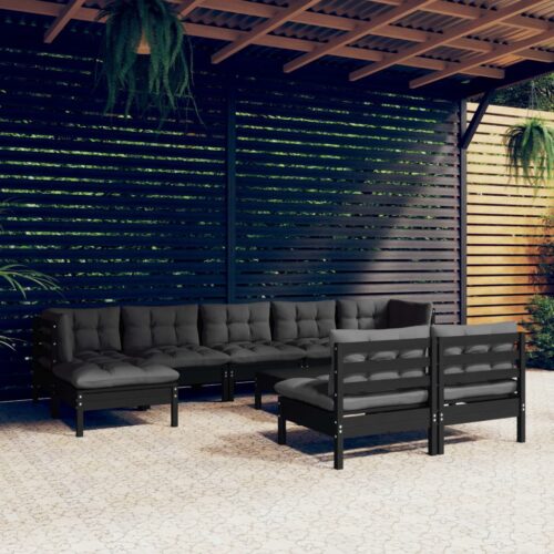 10-Piece Garden Lounge Set with Cushions Black Pine Wood Outdoor Patio Furniture - Image 2
