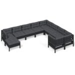 10-Piece Garden Lounge Set with Cushions Black Pine Wood Outdoor Patio Furniture