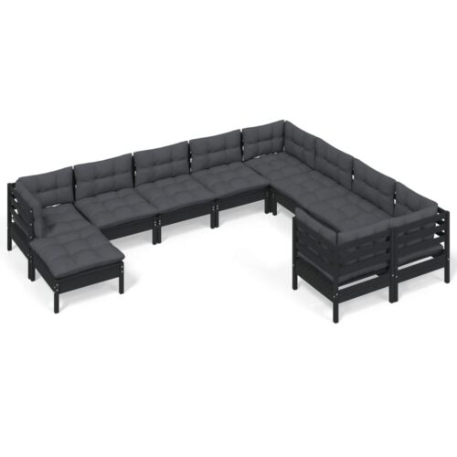 10-Piece Garden Lounge Set with Cushions Black Pine Wood Outdoor Patio Furniture