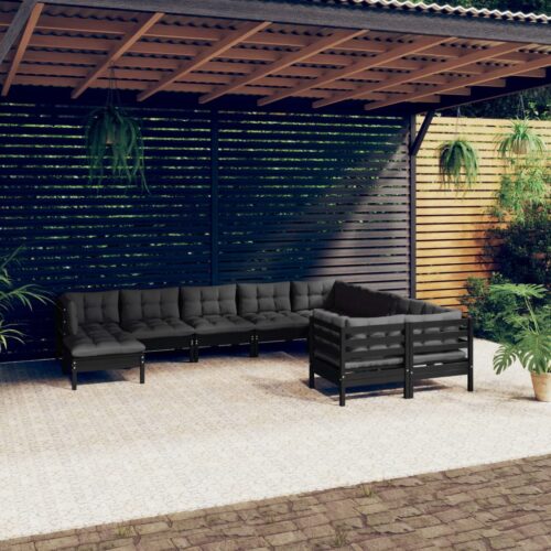 10-Piece Garden Lounge Set with Cushions Black Pine Wood Outdoor Patio Furniture - Image 2
