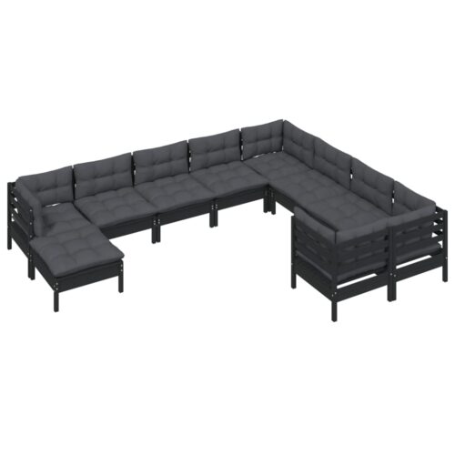 10-Piece Garden Lounge Set with Cushions Black Pine Wood Outdoor Patio Furniture - Image 3