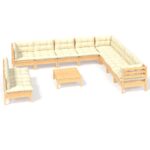 11-Piece Garden Lounge Set with Cream Cushions Pine Wood Outdoor Patio Furniture