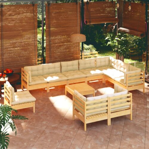 11-Piece Garden Lounge Set with Cream Cushions Pine Wood Outdoor Patio Furniture - Image 2