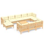 11-Piece Garden Lounge Set with Cream Cushions Pine Wood Outdoor Patio Furniture
