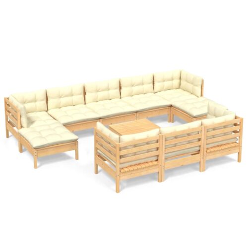 11-Piece Garden Lounge Set with Cream Cushions Pine Wood Outdoor Patio Furniture
