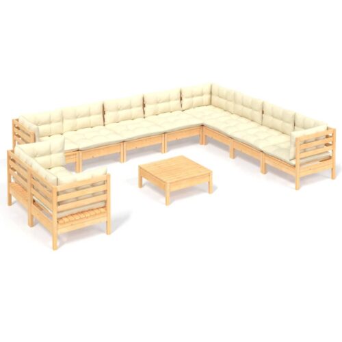 11-Piece Garden Lounge Set with Cream Cushions Pine Wood Outdoor Patio Furniture