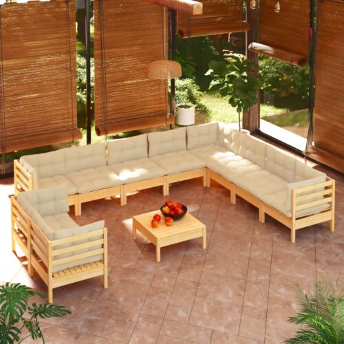 11-Piece Garden Lounge Set with Cream Cushions Pine Wood Outdoor Patio Furniture - Image 2