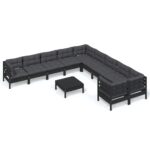 11-Piece Garden Lounge Set with Cushions Black Pine Wood Outdoor Patio Furniture