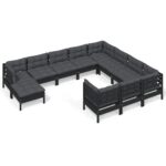 11-Piece Garden Lounge Set with Cushions Black Pine Wood Outdoor Patio Furniture