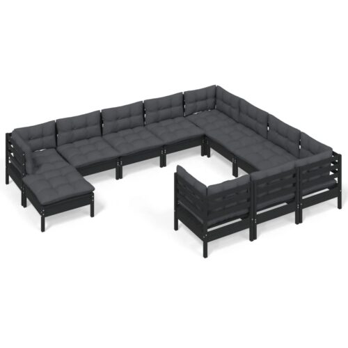 11-Piece Garden Lounge Set with Cushions Black Pine Wood Outdoor Patio Furniture