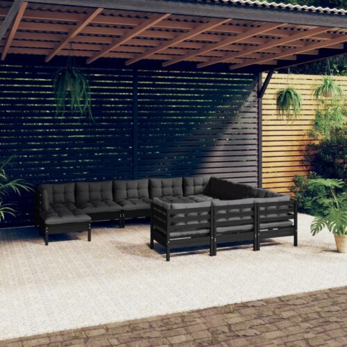 11-Piece Garden Lounge Set with Cushions Black Pine Wood Outdoor Patio Furniture - Image 2