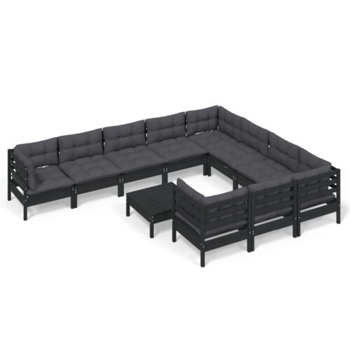 11-Piece Garden Lounge Set with Cushions Black Pine Wood Outdoor Patio Furniture