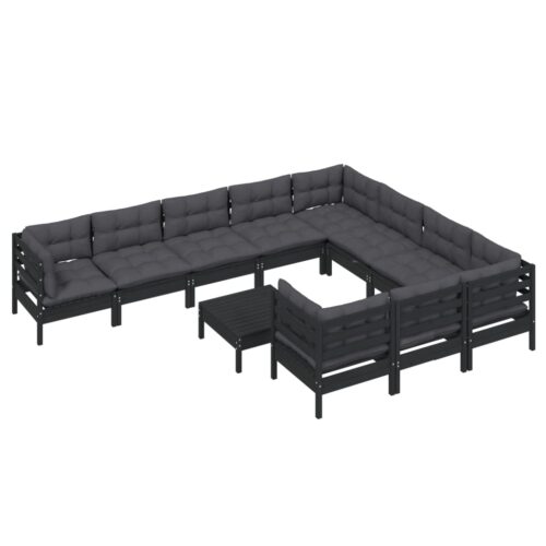 11-Piece Garden Lounge Set with Cushions Black Pine Wood Outdoor Patio Furniture - Image 3