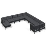 11-Piece Garden Lounge Set with Cushions Black Pine Wood Outdoor Patio Furniture