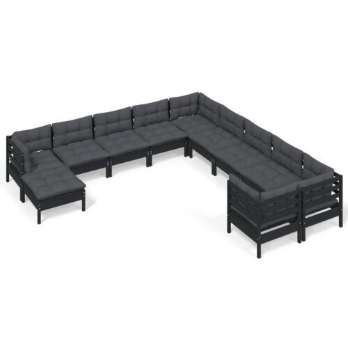 11-Piece Garden Lounge Set with Cushions Black Pine Wood Outdoor Patio Furniture