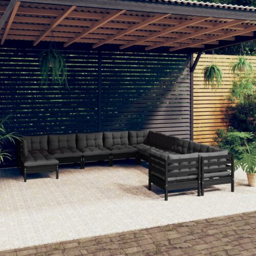 11-Piece Garden Lounge Set with Cushions Black Pine Wood Outdoor Patio Furniture - Image 2