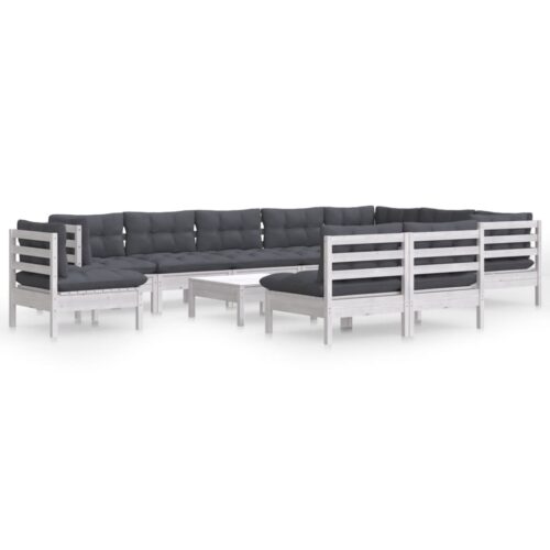 11-Piece Garden Lounge Set with Cushions White Pine Wood Outdoor Patio Furniture