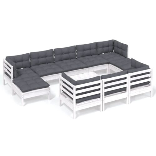 11-Piece Garden Lounge Set with Cushions White Pine Wood Outdoor Patio Furniture