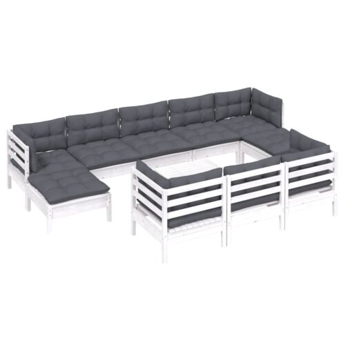 11-Piece Garden Lounge Set with Cushions White Pine Wood Outdoor Patio Furniture - Image 3