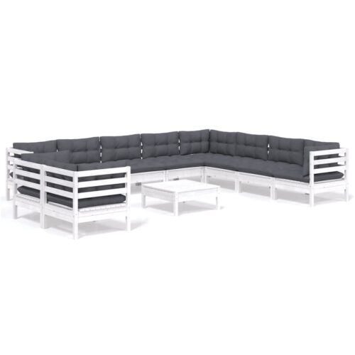 11-Piece Garden Lounge Set with Cushions White Pine Wood Outdoor Patio Furniture