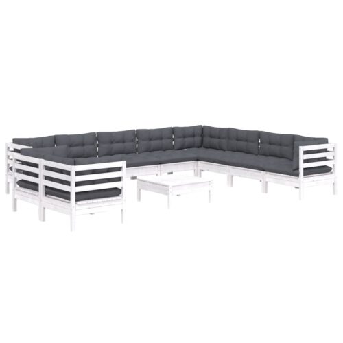 11-Piece Garden Lounge Set with Cushions White Pine Wood Outdoor Patio Furniture - Image 3