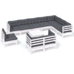 11-Piece Garden Lounge Set with Cushions White Pine Wood Outdoor Patio Furniture