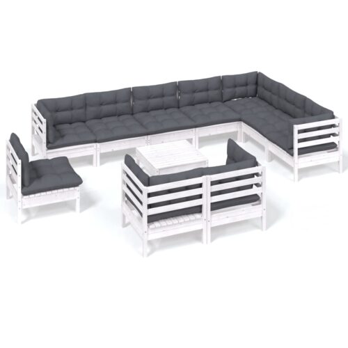 11-Piece Garden Lounge Set with Cushions White Pine Wood Outdoor Patio Furniture