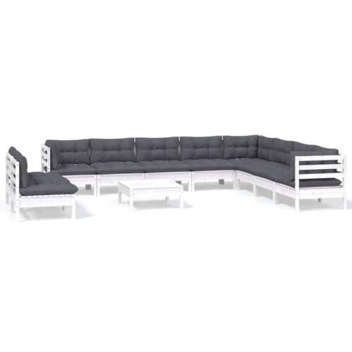 11-Piece Garden Lounge Set with Cushions White Pine Wood Outdoor Patio Furniture