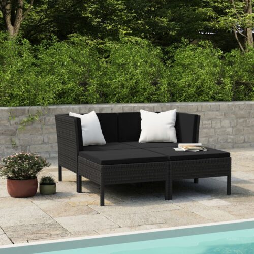 4-Piece Garden Lounge Set with Cushions Poly Rattan Wicker Outdoor Patio Furniture Black - Image 2