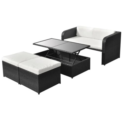 4-Piece Garden Lounge Set with Cushions Poly Rattan Wicker Outdoor Patio Furniture Black - Image 2