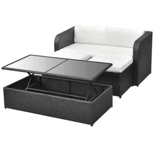 4-Piece Garden Lounge Set with Cushions Poly Rattan Wicker Outdoor Patio Furniture Black - Image 5