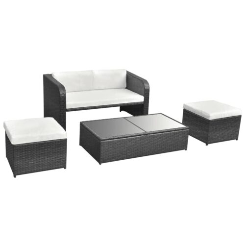 4-Piece Garden Lounge Set with Cushions Poly Rattan Wicker Outdoor Patio Furniture Black - Image 6