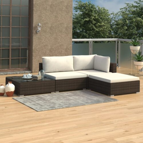 4-Piece Garden Lounge Set with Cushions Poly Rattan Wicker Outdoor Patio Furniture Brown - Image 2