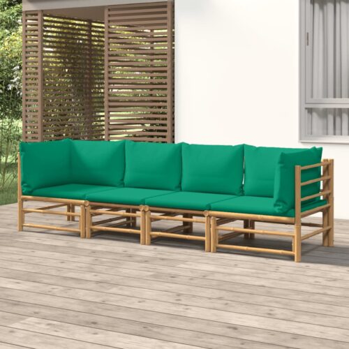 4-Piece Garden Lounge Set with Green Cushions Bamboo - Image 2