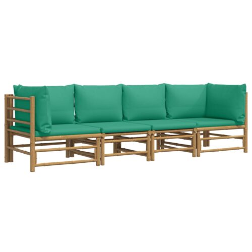 4-Piece Garden Lounge Set with Green Cushions Bamboo - Image 3
