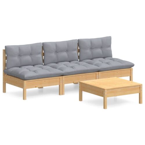4-Piece Garden Lounge Set with Grey Cushions Pine Wood Outdoor Patio Furniture