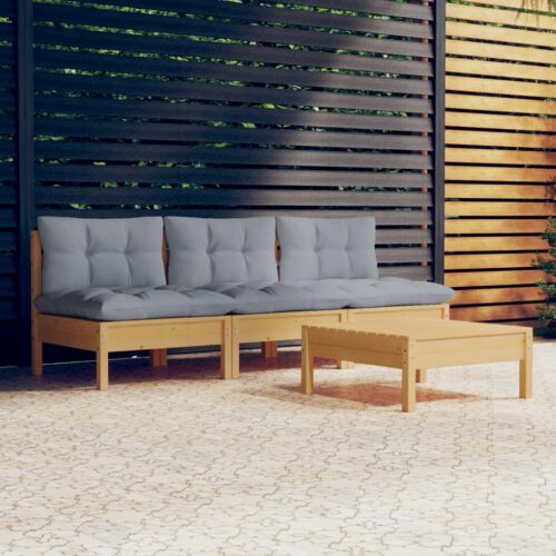 4-Piece Garden Lounge Set with Grey Cushions Pine Wood Outdoor Patio Furniture - Image 2