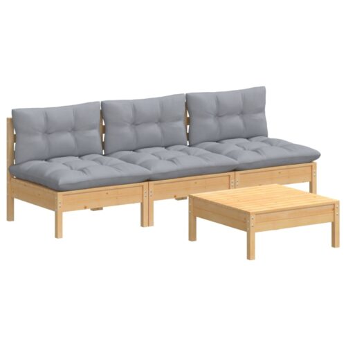 4-Piece Garden Lounge Set with Grey Cushions Pine Wood Outdoor Patio Furniture - Image 3
