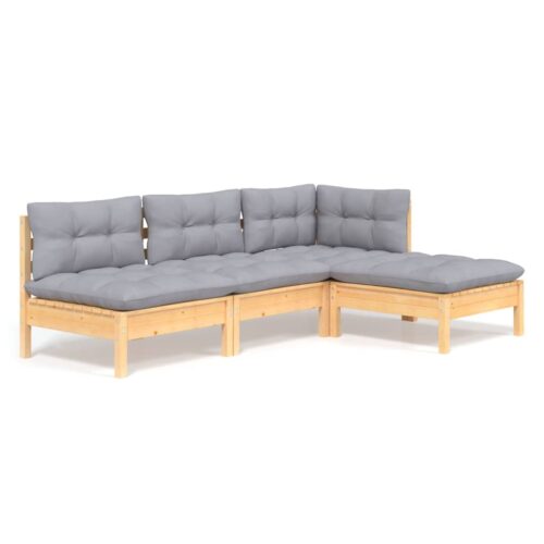 4-Piece Garden Lounge Set with Grey Cushions Pine Wood Outdoor Patio Furniture