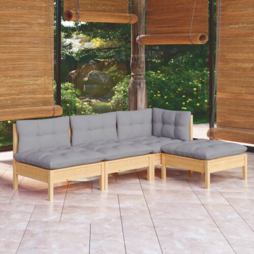 4-Piece Garden Lounge Set with Grey Cushions Pine Wood Outdoor Patio Furniture - Image 2