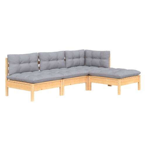 4-Piece Garden Lounge Set with Grey Cushions Pine Wood Outdoor Patio Furniture - Image 3