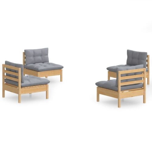 4-Piece Garden Lounge Set with Grey Cushions Pine Wood Outdoor Patio Furniture