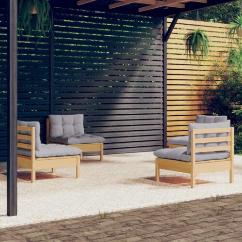 4-Piece Garden Lounge Set with Grey Cushions Pine Wood Outdoor Patio Furniture - Image 2