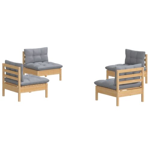 4-Piece Garden Lounge Set with Grey Cushions Pine Wood Outdoor Patio Furniture - Image 3