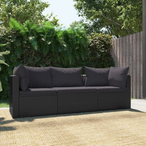 3-Piece Garden Sofa Set with Cushions Poly Rattan Black - Image 2