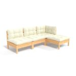 4-Piece Garden Lounge Set with Cream Cushions Pine Wood Outdoor Patio Furniture