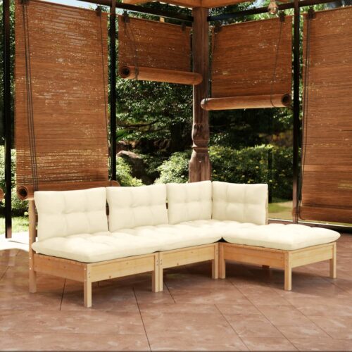 4-Piece Garden Lounge Set with Cream Cushions Pine Wood Outdoor Patio Furniture - Image 2