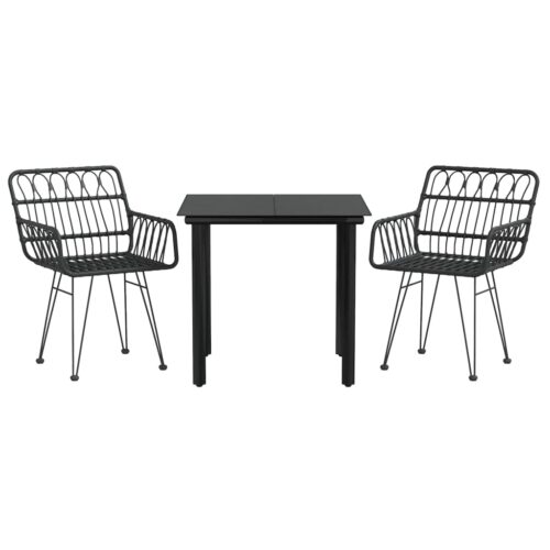 3-Piece Garden Dining Set Black Poly Rattan Wicker Outdoor Patio Furniture - Image 2