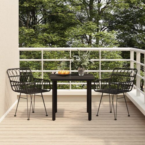 3-Piece Garden Dining Set Black Poly Rattan Wicker Outdoor Patio Furniture - Image 11