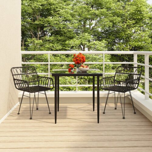 3-Piece Garden Dining Set Black Poly Rattan Wicker Outdoor Patio Furniture - Image 11